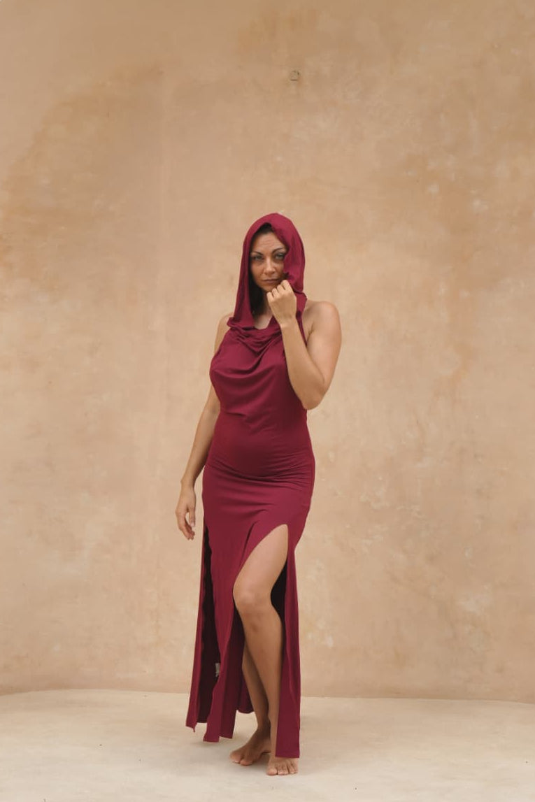 Hooded Double Spit Dress - Deep Rose
